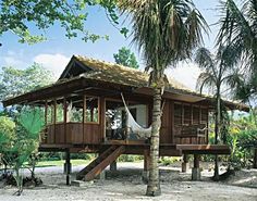 a small wooden house with a hammock on the porch and palm trees around it