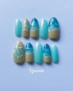 "These cute press on nails, Ready to wear.  This is for a QUICK and EASY manicure, hand painted and durable.  Nail shape in photo : round short Each order contains :  * 10 x press on nails of your size * 1 x nail file * 1 x adhesive tab sheet (24 tabs)  * 2 x alcohol wipe  * 1 x wood stick All of my works are hand painted and I do not use any stamps, stickers, rhinestones or other parts. Therefore, please understand that there may be slight differences in color and shape, and that it takes time Beach Nails Seashell, Boat Nail Art, Cute Nails Press On, Ocean Vibe Nails, Hawaii Theme Nails, Costa Rica Nails Designs, Cute Vacation Nails The Beach, Short Painted Nails, Hawaii Inspired Nails