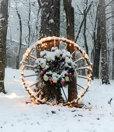 a ferris wheel decorated with christmas lights in the snow surrounded by trees and branches covered in snow