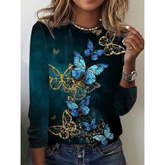 Category:Long Sleeve T-shirt; Season:Fall  Winter; Fabric:Polyester; Sleeve Length:Long Sleeve; Look After Me:Machine wash,Washable,Wet and Dry Cleaning; Gender:Women's; Theme:Butterfly,Painting; Style:Basic,Vintage; Elasticity:Micro-elastic; Tops Type:T Shirt; Occasion:Weekend,Daily; Details:Without Lining; Top Length:Regular Tops; Fit Type:Regular Fit; Pattern:Butterfly; Design:Print; Neckline:Round Neck; Brand:Shall We; Bust:; Length:null; Sleeve:; Fit US Size:null; Fit UK Size:null; Fit EU S Estilo Harajuku, Summer Prints Fashion, Mode Prints, Oversized Clothes, Oversized Blouse, Floral Print Shorts, Round Neck Tops, Harajuku Fashion, Denim Overalls