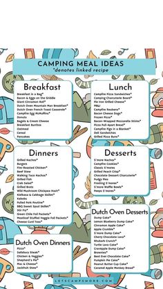 the camping meal menu is shown in blue and white