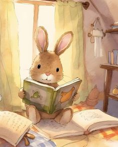 a rabbit is reading a book on the bed