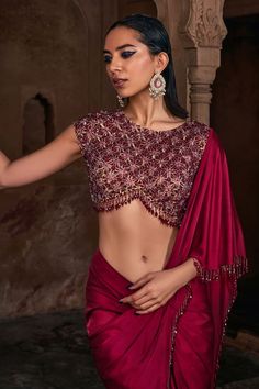 Maroon pre-draped saree with beaded border. Paired with a blouse with geometric floral embroidery using sequins, crystal work. - Aza Fashions Maroon Saree, Crystal Work, Draped Saree, Tulle Embroidery, Drape Saree, Beaded Neckline, Blouse For Women, Embroidered Blouse, Sarees Online