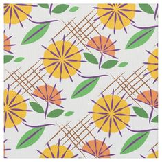 an orange and green flower pattern on white fabric with purple, yellow and green leaves