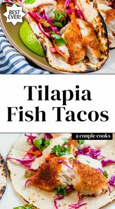 fish tacos with cole slaw and cilantro on the side, along with lime wedges