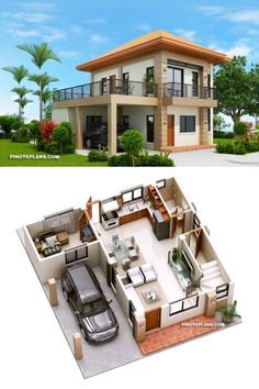 two story house plan with balcony and living room