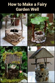 several different pictures with the words how to make a fairy garden well written on it