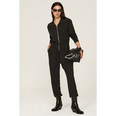 Black knit (70% Polyester, 30% Rayon). Jumpsuit. Long sleeves. Collar. Front button closure. 28" inseam. 11" rise. Imported. Lounge Suit, Light Grey Leggings, Terry Cloth Romper, Lounge Jumpsuit, Linen Overalls, We Wore What, Jumpsuit Long, Lace Up Leggings, Black Overalls