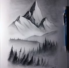 a drawing of a mountain with trees in the foreground and fog in the background