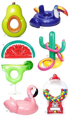 an assortment of inflatable toys including flamingo, watermelon, and pool floats