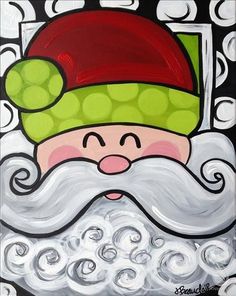 an acrylic painting of a santa clause with a green hat and red beard