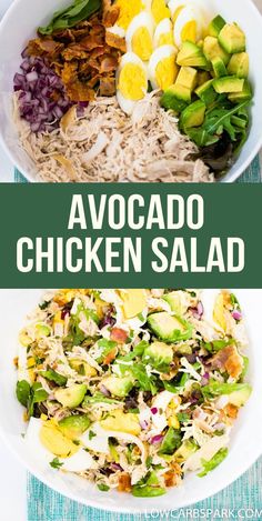 avocado chicken salad in a white bowl with the title above it