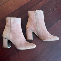 Rose Colored Suede Sezane Lea Ankle Boots In Size 37. Worn Outside A Handful Of Times. They Are Gorgeous, But They Are Unfortunately Slightly Too Tight On Me. There Is A Small Smudge On The Back Of The Heel Of The Right Shoe As Seen In The Second To Last Photo. Pink Ankle Boots, Rose Color, Bootie Boots, Ankle Boots, Tights, Two By Two, Women Shoes, Boots, Heels