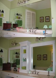 two pictures of a bathroom with green walls