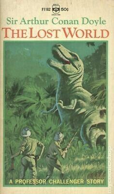 the lost world book cover with an image of a dinosaur and two men in uniform