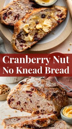 cranberry nut no knead bread on a plate