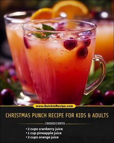 christmas punch recipe for kids and adults with oranges, cranberry juice and cup pineapple juice