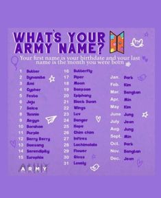 a purple poster with the words what's your army name?