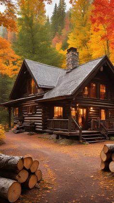 a log cabin in the woods surrounded by fall foliage