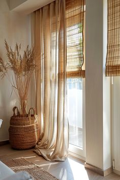 a room with a basket and curtains in it