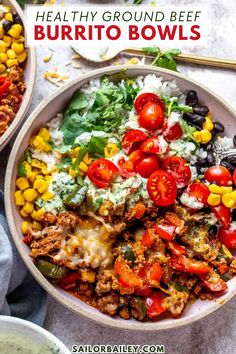 Mouth-watering Ground Beef Burrito Bowls are satisfying, full of toppings and drizzled with cilantro jalapeño sauce. This easy dinner recipe or healthy lunch idea is a delicious and customizable recipe that is ready in 30 minutes or less.