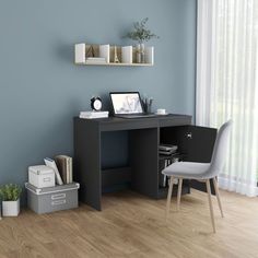 a room with a desk, chair and shelves on the wall next to a window