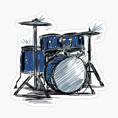 a drawing of a drum set on a white background with blue and black inking