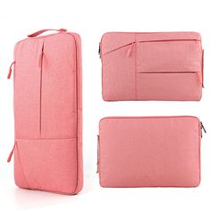 three pieces of pink luggage sitting next to each other on top of a white surface