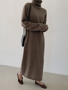 Casual Long Sleeves Loose Solid Color High-Neck Sweater Dresses APRICOT-One_size High Neck Sweater Dress, Loose Sweater Dress, Fall Sweaters For Women, Turtleneck Sweater Dress, Sweater Dresses, High Neck Sweater, Long Sleeve Knit Dress, Oversized Dress, Womens Turtleneck