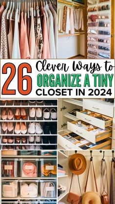 several closets with clothes and accessories in them, including shoes, hats, and purses