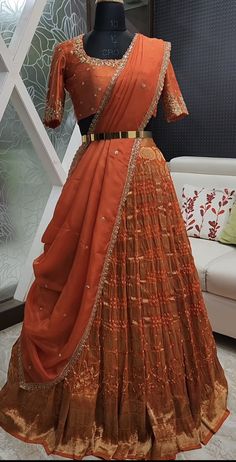 Lengha Voni Blouse Designs, Half Saree Pastel Colours, Traditional Lehenga Voni, Orange Langa Voni, Pastel Langa Voni, Half Saree Duppata Styles, Orange Half Saree Color Combos, Langavoni Designs, Langavoni Half Saree