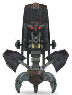 a robot with red eyes standing in front of a white background