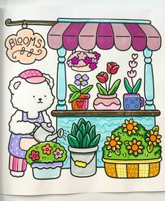 a drawing of a flower shop with potted plants