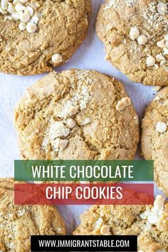 white chocolate chip cookies are stacked on top of each other with the title overlay