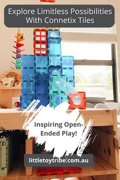 a wooden table topped with lots of colorful boxes and containers on top of it, text reads explore limities possibilities with connect tiles