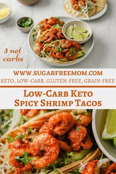 low carb keto spicy shrimp tacos with limes and cilantro