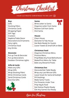 christmas checklist with red background and white writing on the top right hand corner, which reads