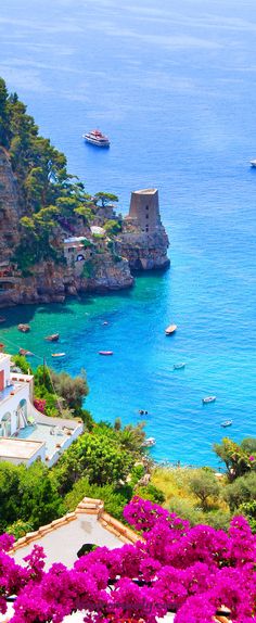 an aerial view of the ocean with boats in the water and purple flowers growing on the shore