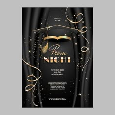 a black and gold party flyer with an open book on it, surrounded by streamers