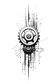 a black and white drawing of a gear wheel with an eye on it's center