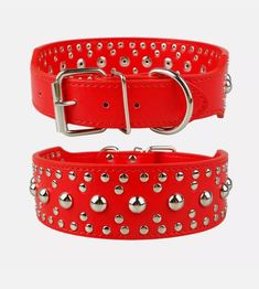 two red dog collars with silver studded details