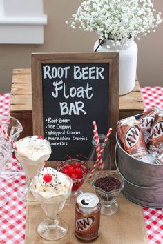 an ice cream sundae and root beer floater on a picnic table