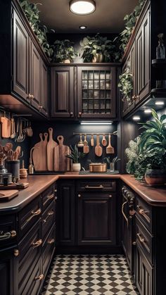 Black White Cottage Kitchen, Small Kitchens With Dark Cabinets, Moody Kitchen Apartment, Dark Interior Small Apartment, Dark Wood Kitchen Counter, Moody Industrial Kitchen, Craftsman Style Homes Kitchen, House With Wood Accents Interior, 1920 Remodel Home