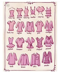 the instructions for how to make dresses and blouses in pink, with pictures of different styles