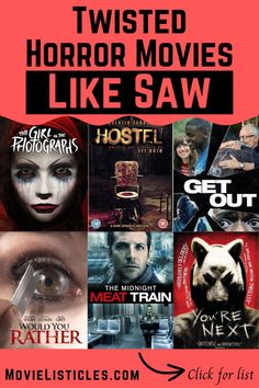 movies with the words twisted horror movies like saw in red and black on top of them