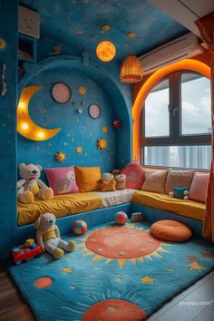 a child's bedroom decorated in blue and orange with teddy bears on the floor