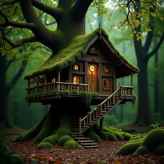 a tree house in the middle of a forest with stairs leading up to it's roof