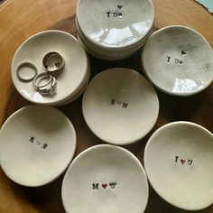 This Listing is for 1 Bowl. They each measure a little over 3" round & about a 1/2" deep. Perfect for Jewelry or Pills /Individual Sauces/Dips - Soy Sauce for Sushi... These are really pretty multifunctional little bowls. Made with high-fired clay & glazes which make it dishwashers & microwave safe. Please message me if you have questions - or are interested in another size or quantity.  * All my work is handmade, hand drawn (or stamped) & hand glazed - NO TWO WILL BE EXACLY THE SAME. There will Personalized Bowls, Ceramic Wedding, Ring Bowl, Birthday Personalized, Initial Gifts, Fire Clay, Personalized Initials, Engagement Anniversary, Handmade Ceramic