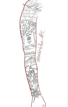 a drawing of a woman's arm with many different things on it and the words written