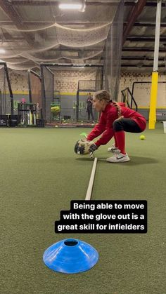 a woman squatting down on a tennis court with a ball in her hand and the caption reads being able to move with the glove out is a great skill for infielders